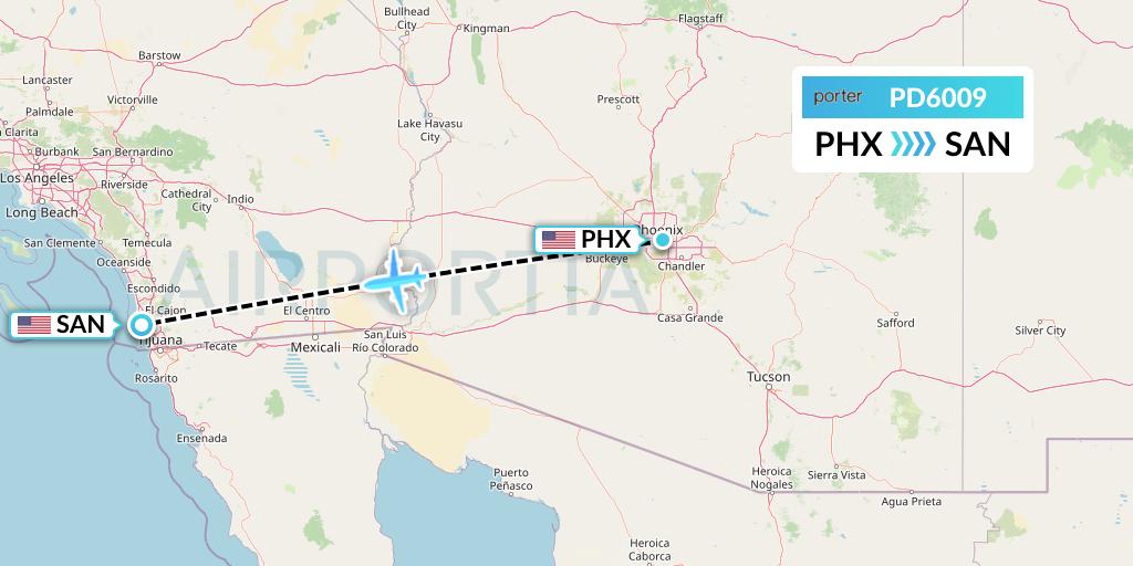 PD6009 Porter Airlines Flight Map: Phoenix to San Diego