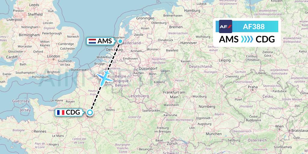 AF388 Air France Flight Map: Amsterdam to Paris