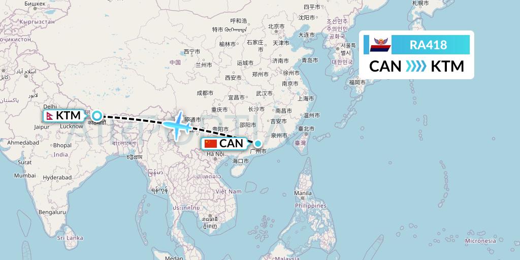 RA418 Royal Nepal Airlines Flight Map: Guangzhou to Kathmandu
