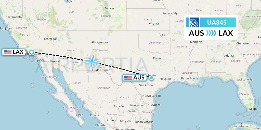 UA345 United Airlines Flight Map: Austin to Los Angeles