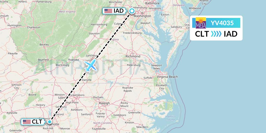 YV4035 Mesa Airlines Flight Map: Charlotte to Washington