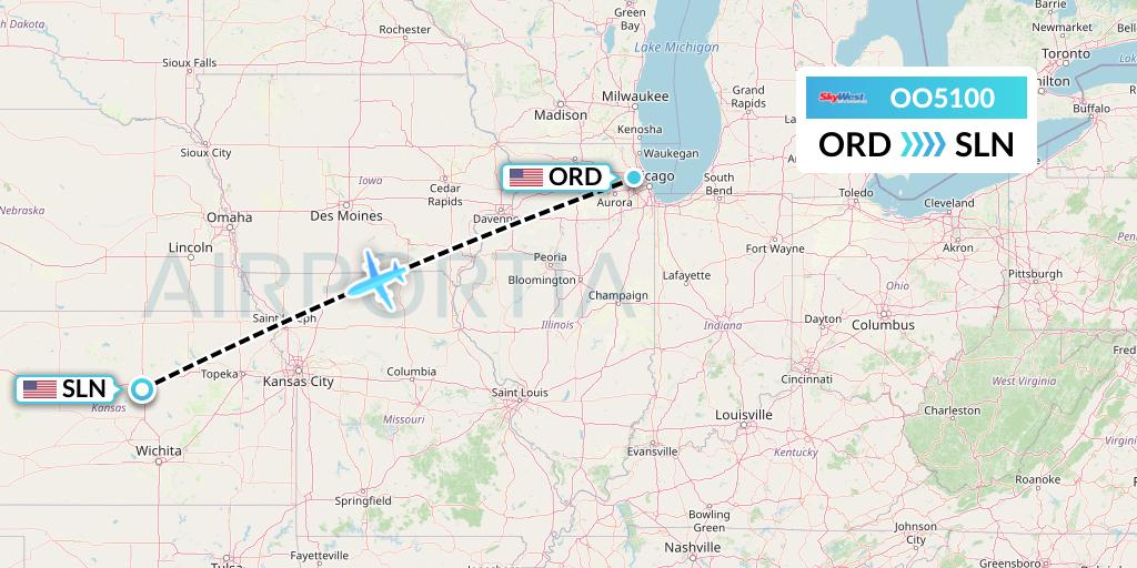 OO5100 SkyWest Airlines Flight Map: Chicago to Salina