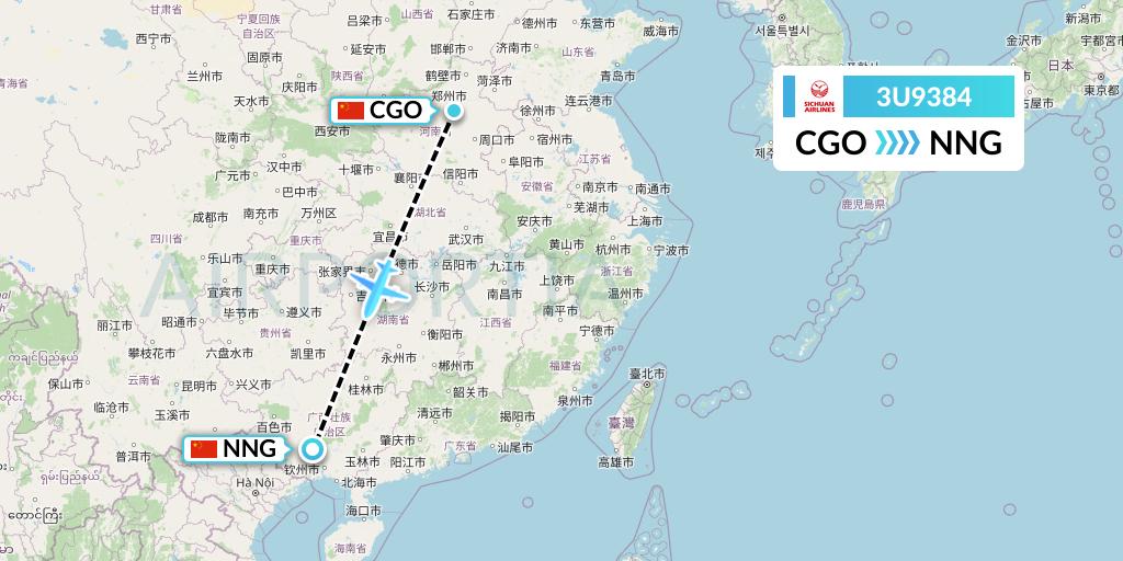 3U9384 Sichuan Airlines Flight Map: Zhengzhou to Nanning