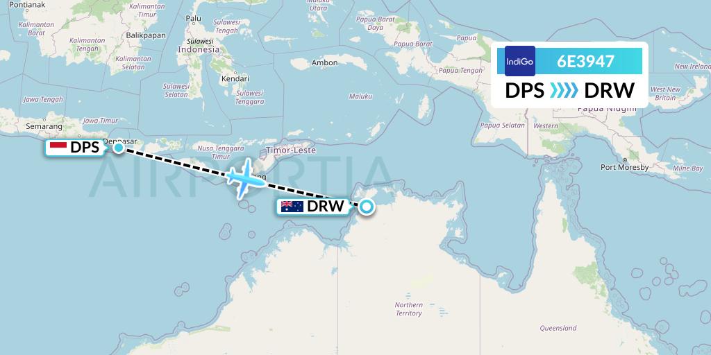 6E3947 IndiGo Airlines Flight Map: Denpasar to Darwin