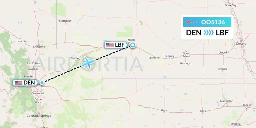 OO5136 SkyWest Airlines Flight Map: Denver to North Platte