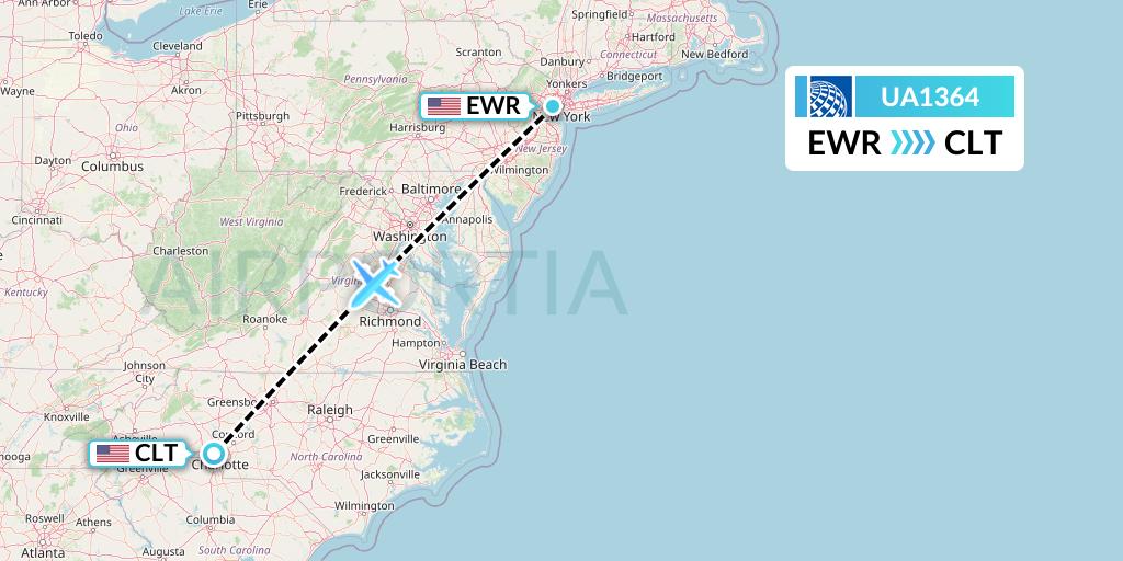 UA1364 United Airlines Flight Map: New York to Charlotte