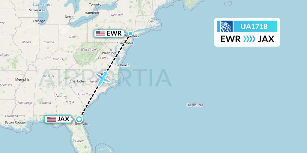 UA1718 United Airlines Flight Map: New York to Jacksonville