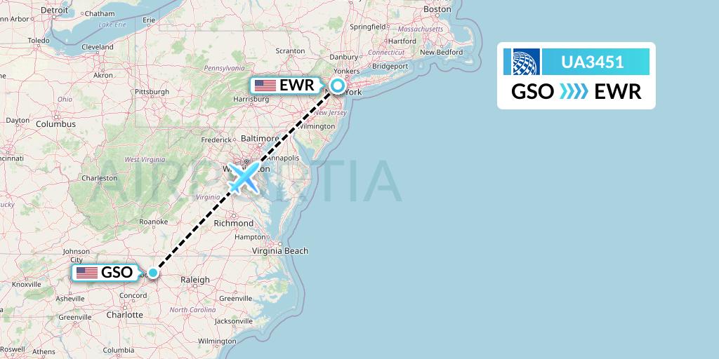UA3451 United Airlines Flight Map: Greensboro to New York