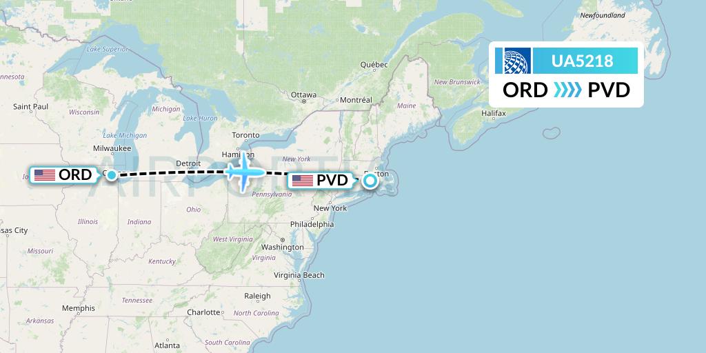 UA5218 United Airlines Flight Map: Chicago to Providence
