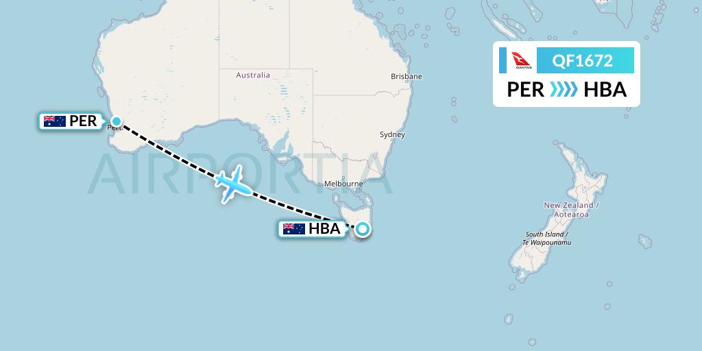 QF1672 Qantas Flight Map: Perth to Hobart