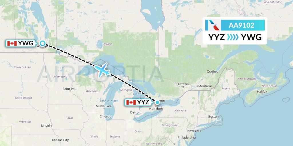 AA9102 American Airlines Flight Map: Toronto to Winnipeg
