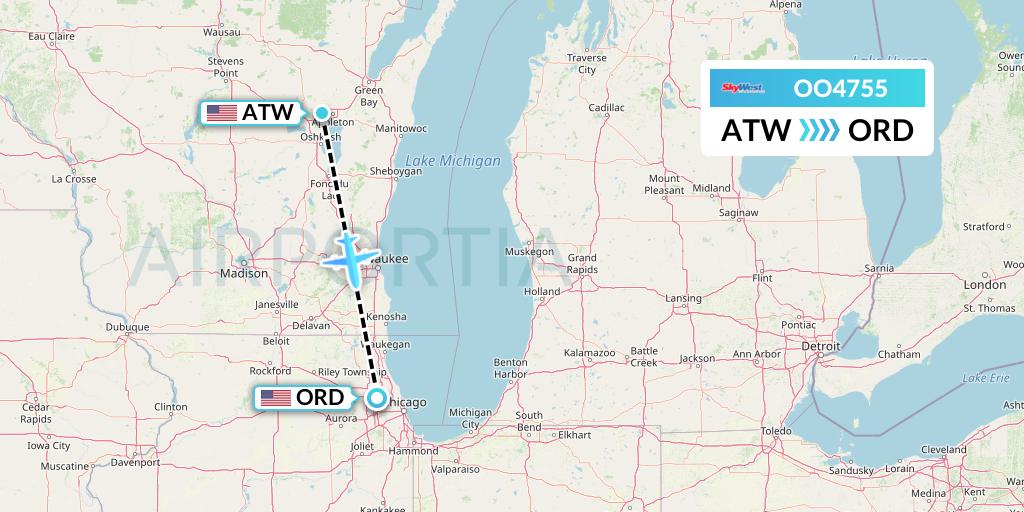 OO4755 SkyWest Airlines Flight Map: Appleton to Chicago