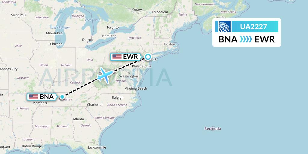 UA2227 United Airlines Flight Map: Nashville to New York