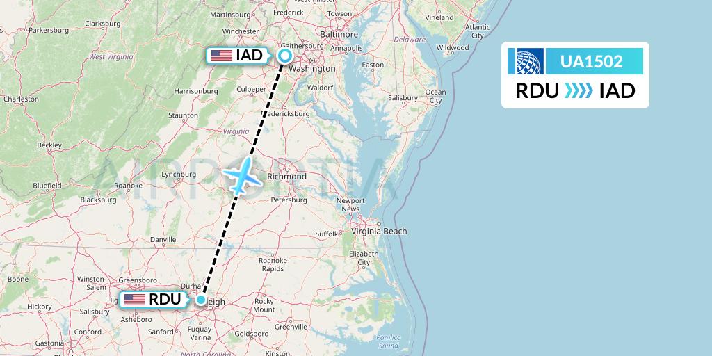 UA1502 United Airlines Flight Map: Raleigh-Durham to Washington