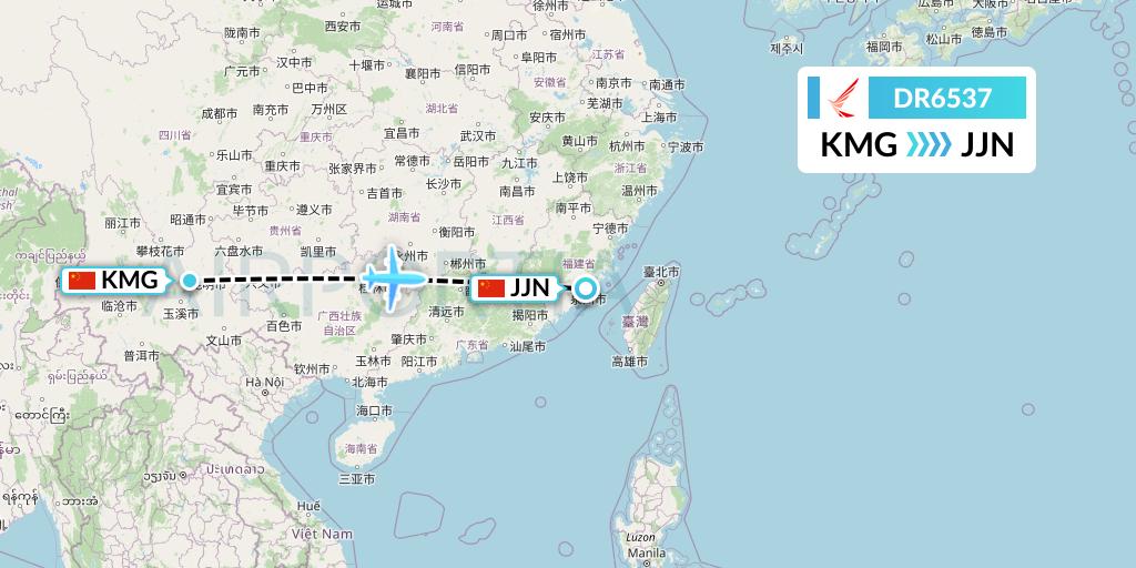 DR6537 Ruili Airlines Flight Map: Kunming to Jinjiang