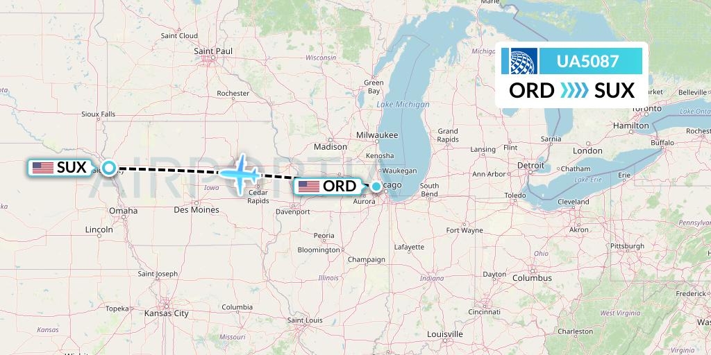 UA5087 United Airlines Flight Map: Chicago to Sioux City