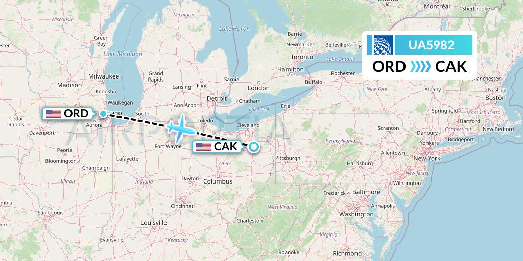 UA5982 United Airlines Flight Map: Chicago to Akron