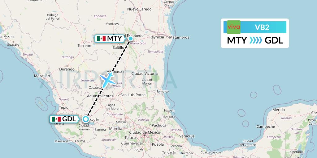 VB2 VivaAerobus Flight Map: Monterrey to Guadalajara