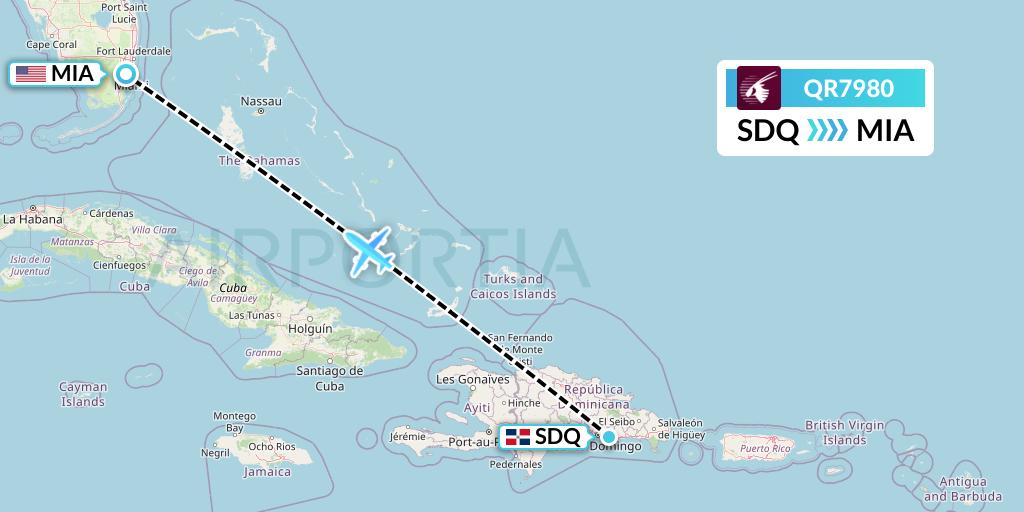 QR7980 Qatar Airways Flight Map: Santo Domingo to Miami