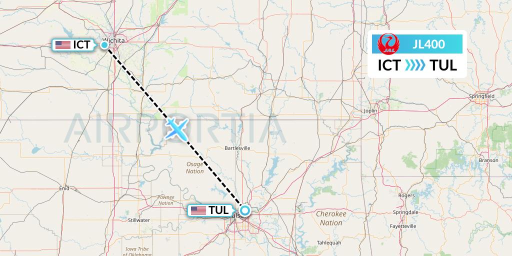 JL400 Japan Airlines Flight Map: Wichita to Tulsa