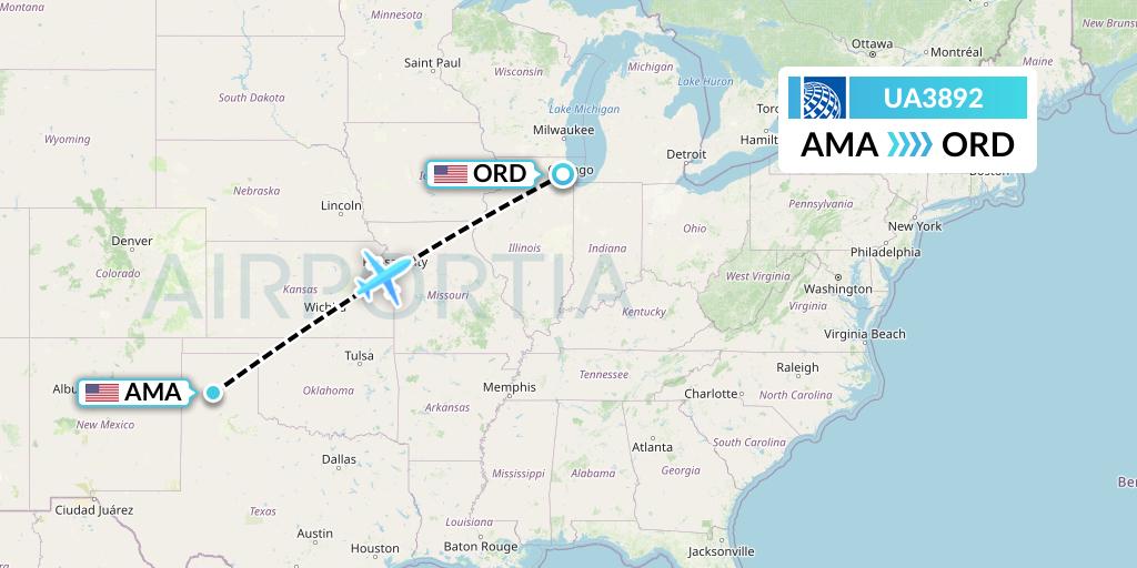 UA3892 United Airlines Flight Map: Amarillo to Chicago
