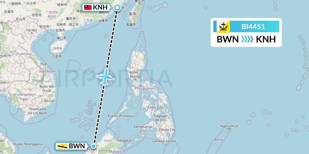 BI4451 Royal Brunei Airlines Flight Map: Brunei to Kinmen