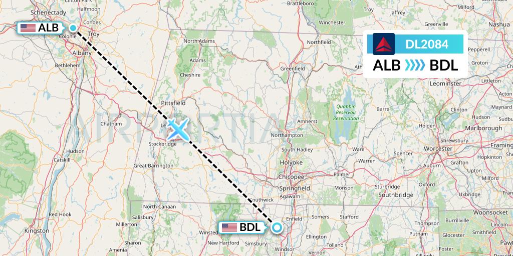 DL2084 Delta Air Lines Flight Map: Albany to Windsor Locks