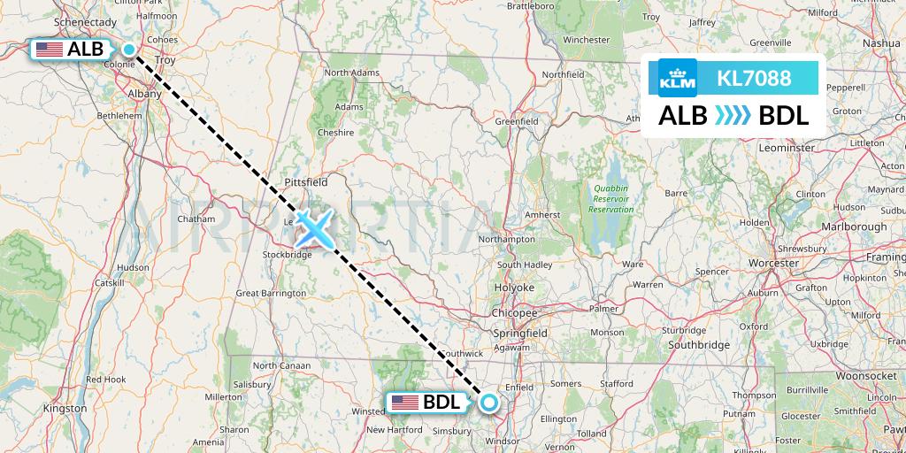 KL7088 KLM Flight Map: Albany to Windsor Locks
