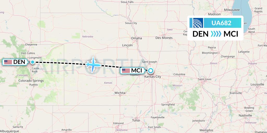 UA682 United Airlines Flight Map: Denver to Kansas City