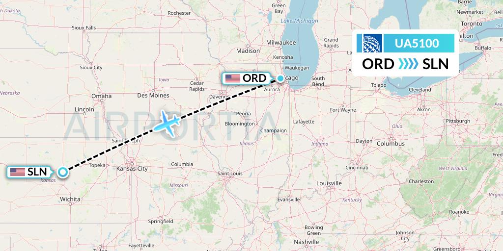 UA5100 United Airlines Flight Map: Chicago to Salina