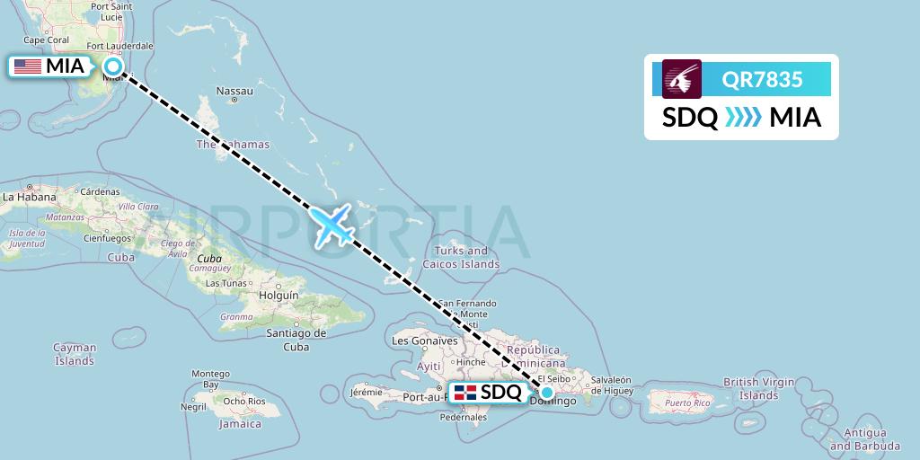 QR7835 Qatar Airways Flight Map: Santo Domingo to Miami