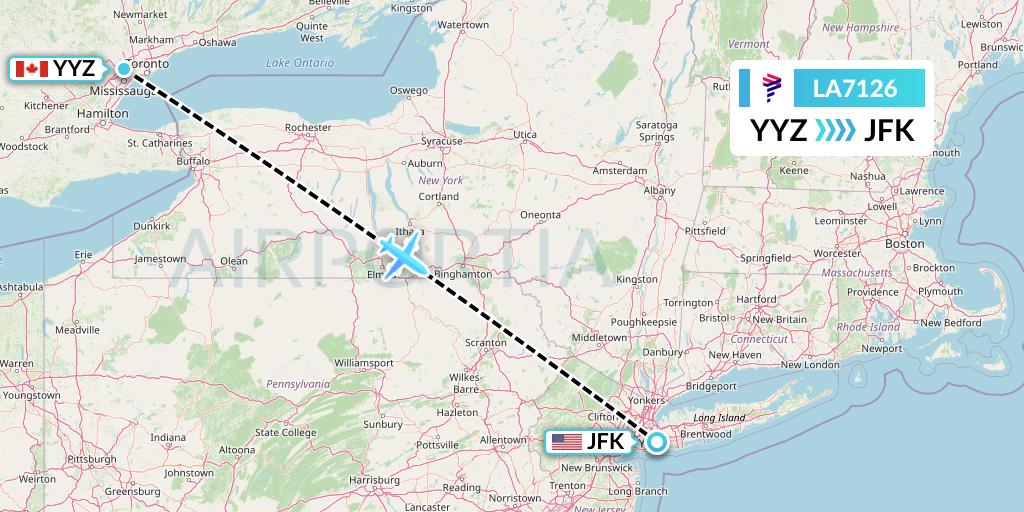 LA7126 LAN Airlines Flight Map: Toronto to New York