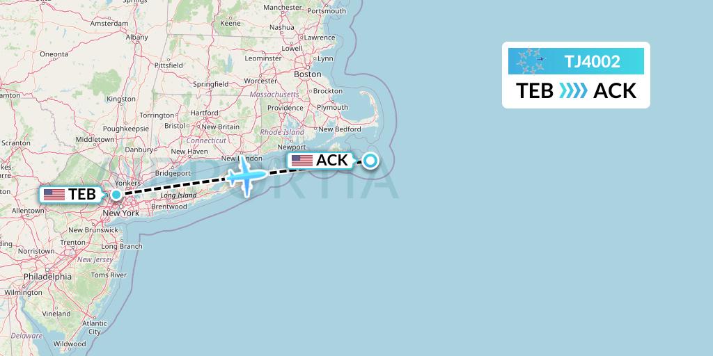 TJ4002 Tradewind Aviation Flight Map: Teterboro to Nantucket