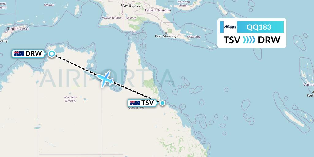 QQ183 Alliance Airlines Flight Map: Townsville to Darwin