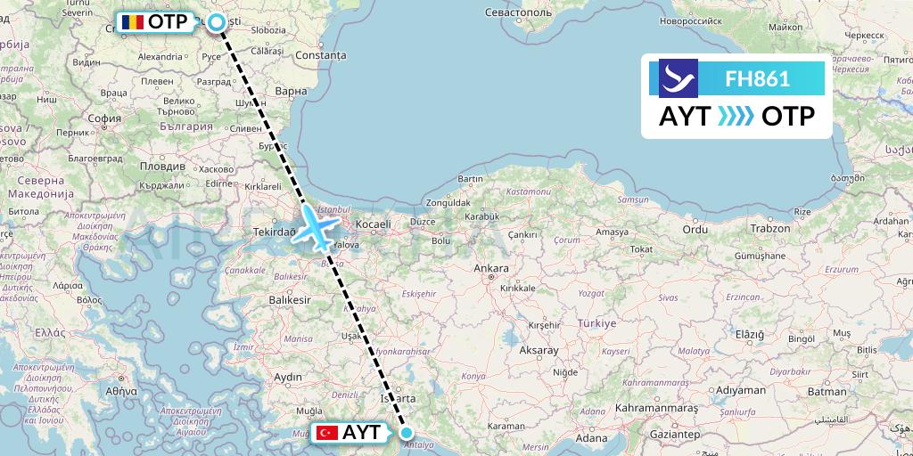 FH861 Freebird Airlines Flight Map: Antalya to Bucharest