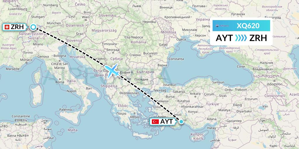 XQ620 SunExpress Flight Map: Antalya to Zurich