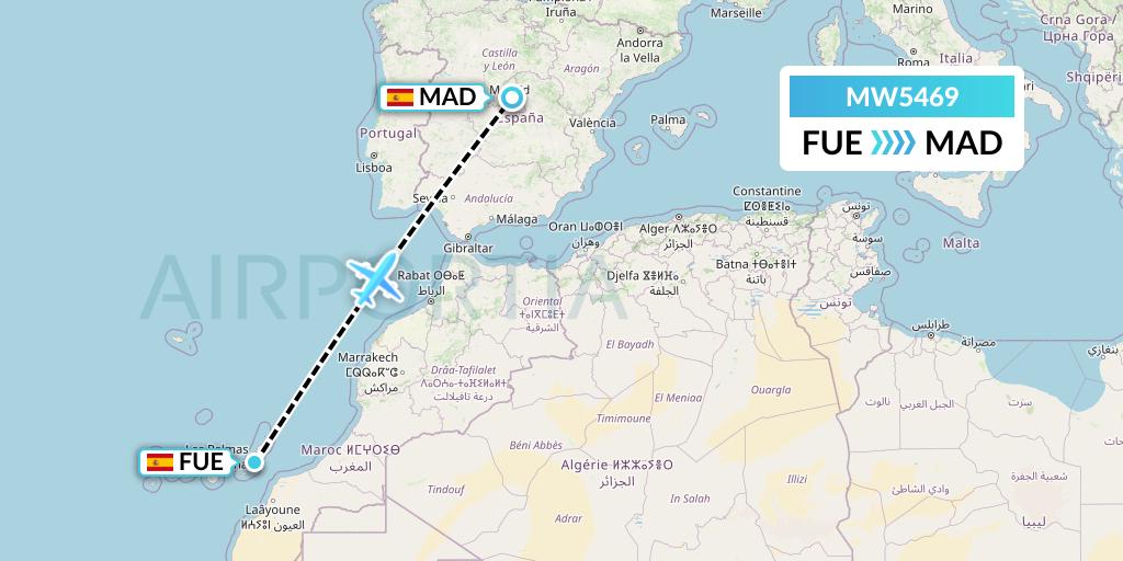 MW5469 Mokulele Flight Service Flight Map: Fuerteventura to Madrid