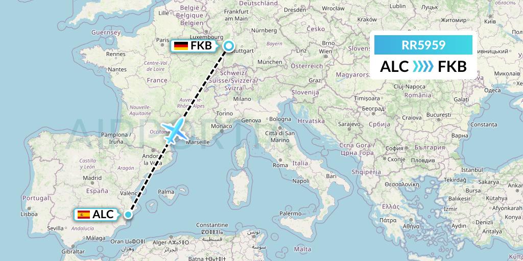 RR5959 Royal Air Force Flight Map: Alicante to Karlsruhe/Baden-Baden