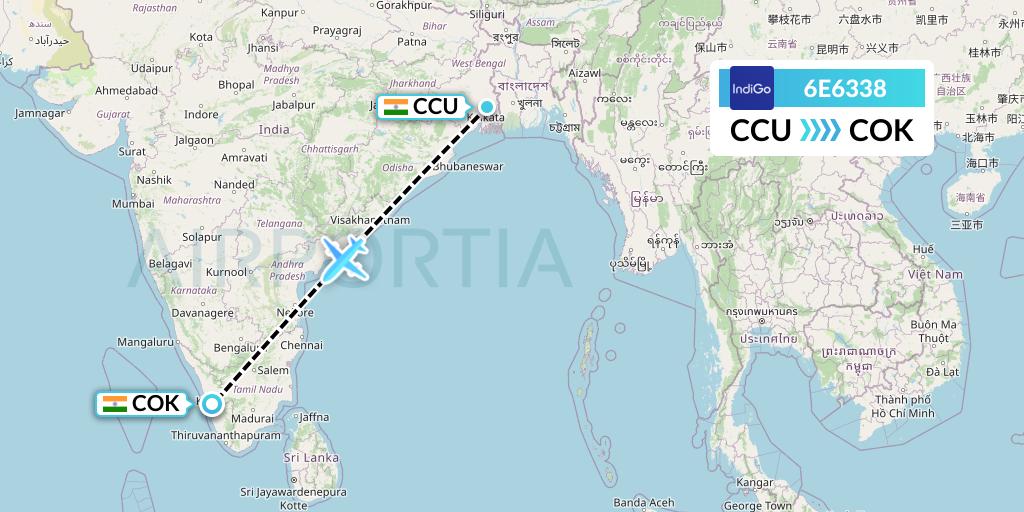 6E6338 IndiGo Airlines Flight Map: Kolkata to Cochin