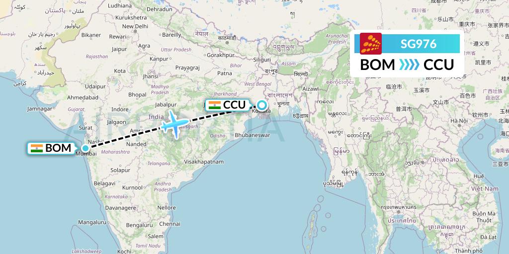 SG976 SpiceJet Flight Map: Mumbai to Kolkata