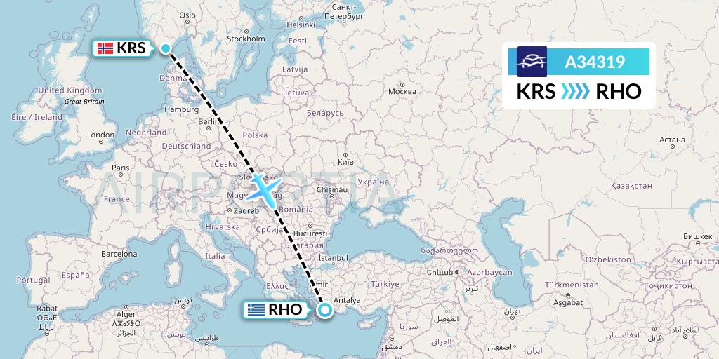 A34319 Aegean Airlines Flight Map: Kristiansand to Rhodes