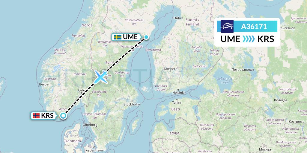 A36171 Aegean Airlines Flight Map: Umea to Kristiansand