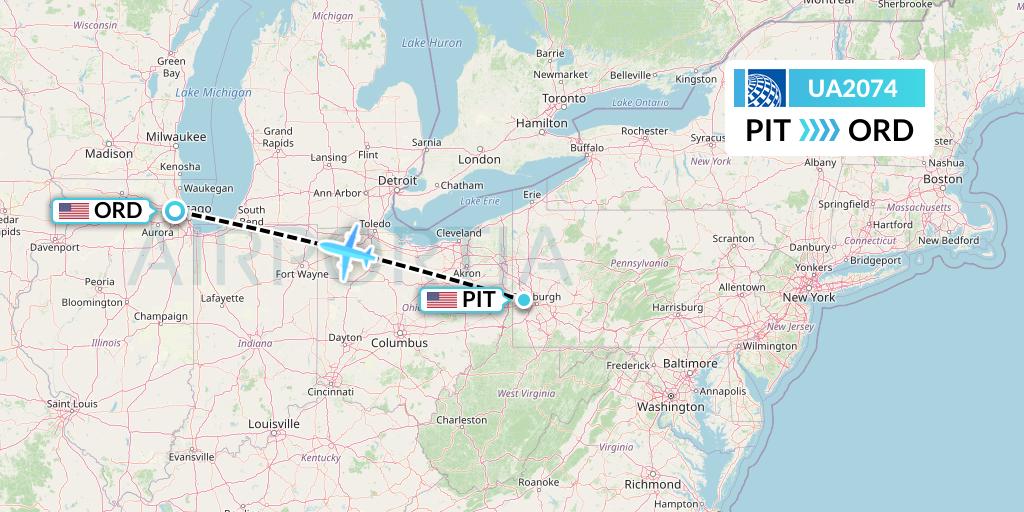 UA2074 United Airlines Flight Map: Pittsburgh to Chicago