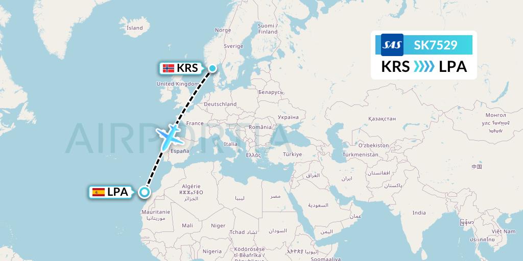 SK7529 SAS Flight Map: Kristiansand to Las Palmas