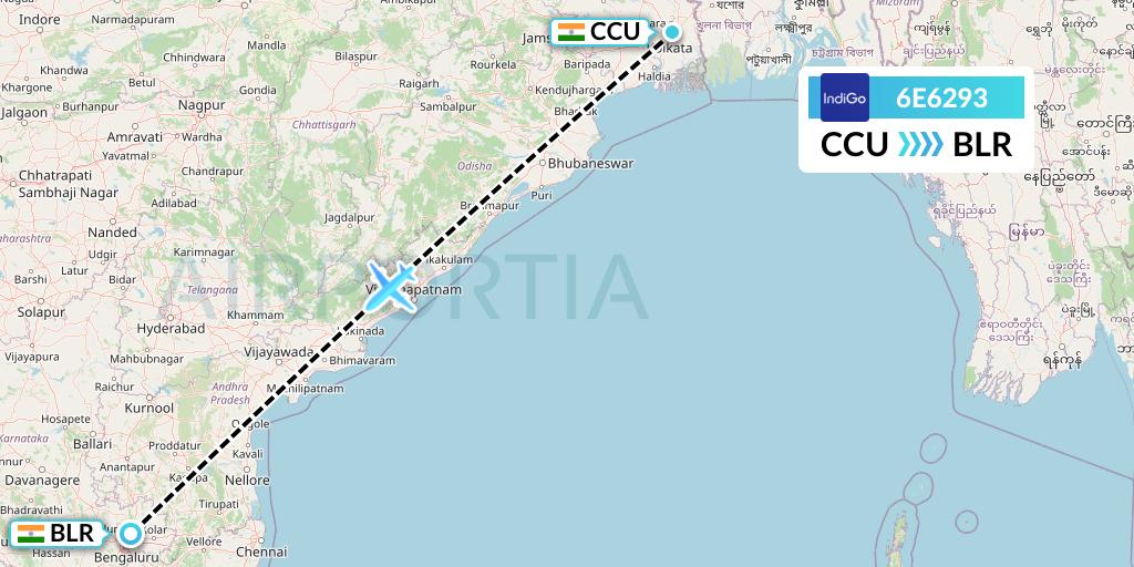 6E6293 IndiGo Airlines Flight Map: Kolkata to Bangalore