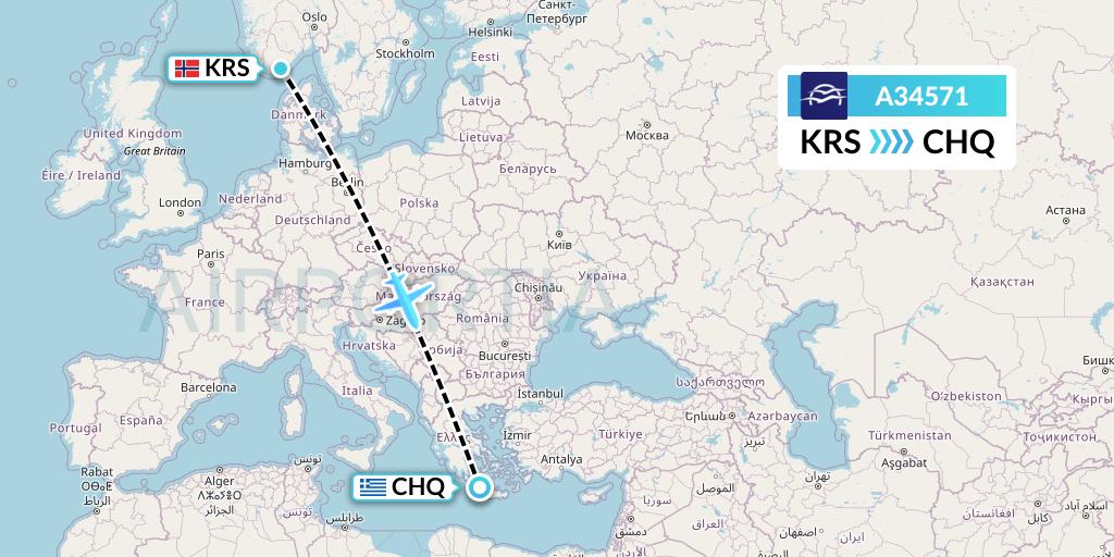 A34571 Aegean Airlines Flight Map: Kristiansand to Chania