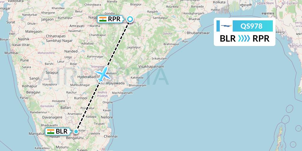 QS978 Smartwings Flight Map: Bangalore to Raipur
