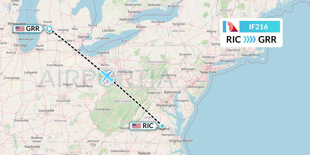 IF216 Fly Baghdad Flight Map: Richmond to Grand Rapids