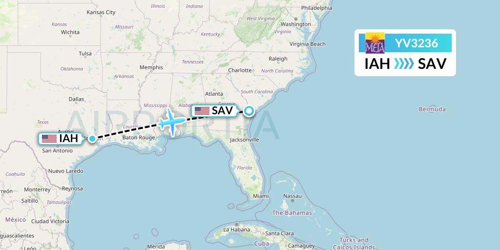 YV3236 Mesa Airlines Flight Map: Houston to Savannah