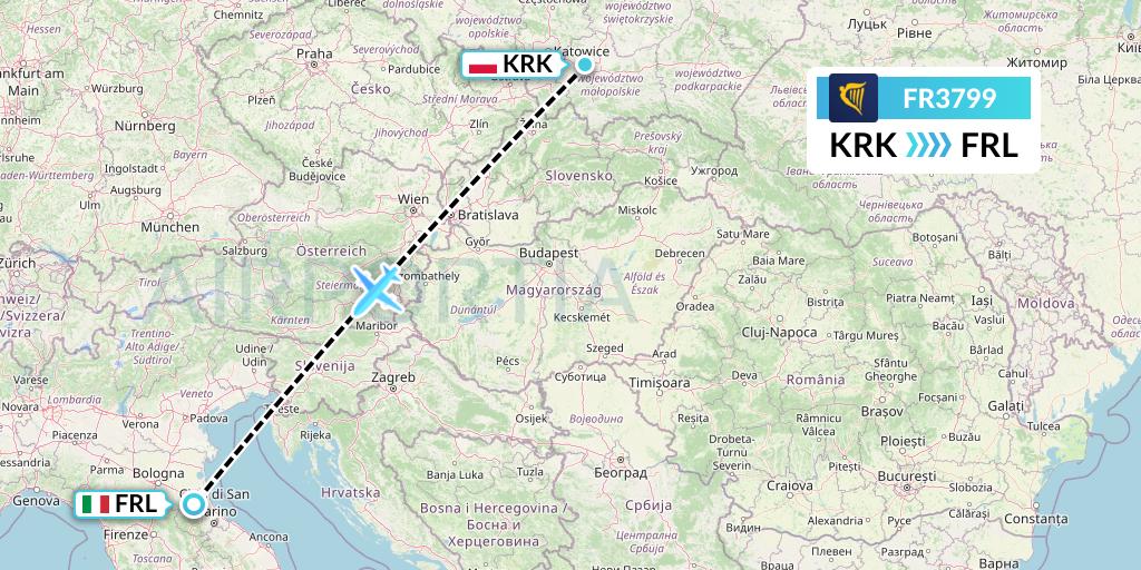 FR3799 Ryanair Flight Map: Krakow to Forli
